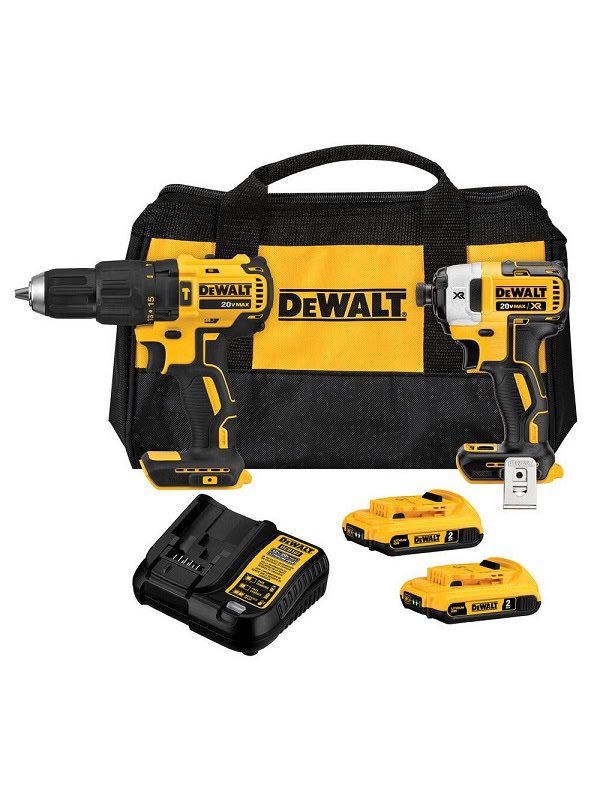 Kit Dewalt DCK223D2-B2: Taladro Percutor 1/2" + Atornillador de Impacto 1/4" 20V MAX XR (con 2 baterías de 2.0 Ah, cargador y bolso)