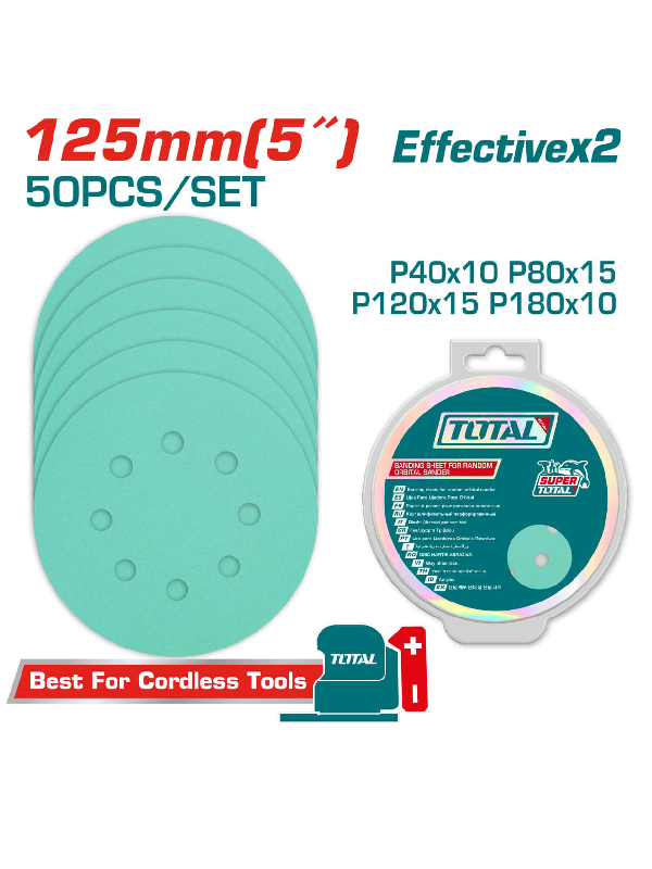 Set Lijas Circulares Total 125mm 50 Piezas Grano P40 P80 P120 P180 Velcro Multisuperficie TAC125050