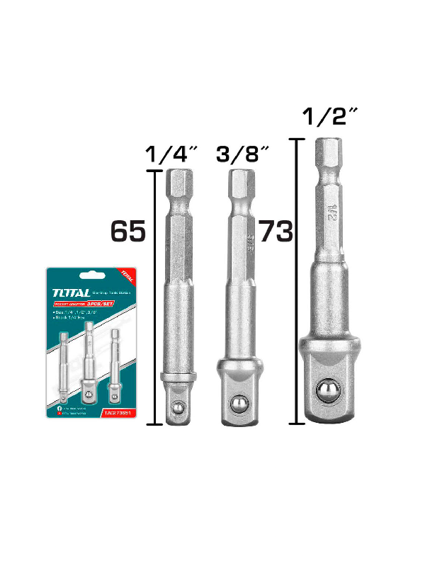 Set Adaptadores de Impacto Total 3 Piezas 1/4" Hex a 1/4" 3/8" 1/2" Acero Cr-V TAC273651