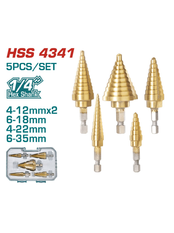 Set Brocas Escalonadas Total 5 Piezas Hex 1/4" HSS4341 Alta Velocidad para Metal TACSD2051