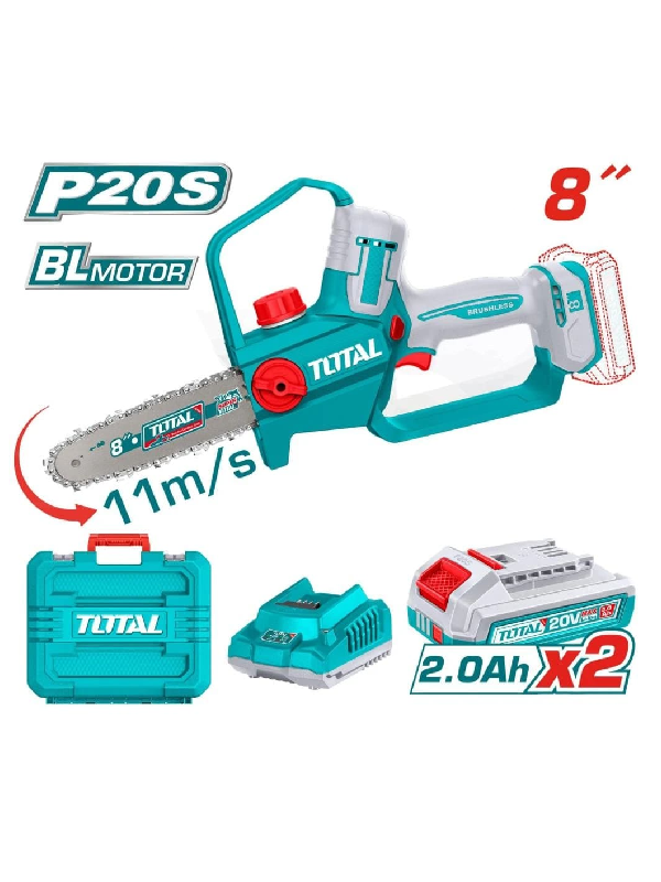 Motosierra Inalámbrica Total 20V 8" 20cm 11m/s Incluye 2 Baterías 2.0Ah + Cargador + Maletín TGSLI20882