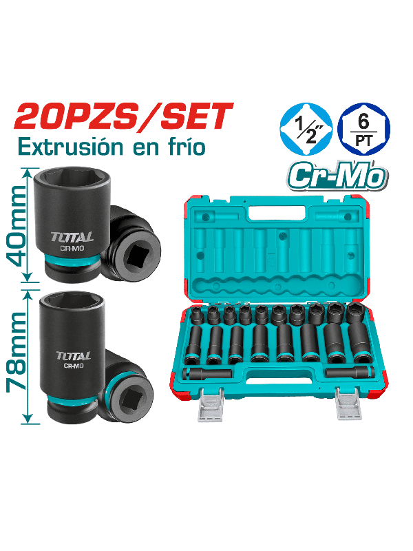 Juego de Dados de Impacto Total 1/2" 20 Piezas 10-24mm Corto y Largo Cr-Mo Maletín Industrial THKISD12203L