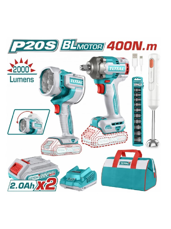 Combo Llave de Impacto Total 20V + Lámpara de Trabajo + Batidora Incluye 2 Baterías + Cargador TOSLI240961