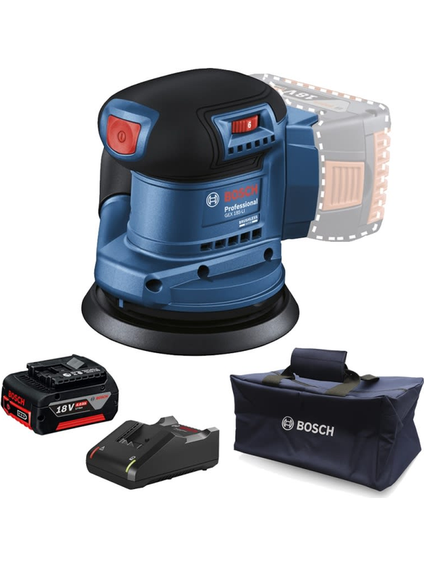Lijadora Excéntrica Bosch 5" 18V Brushless GEX 185-LI Kit Batería 4.0Ah Cargador Bolso 0615.A50.0CM