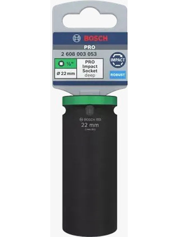 Dado Impacto Bosch 1/2" 22mm Largo Hexagonal Acero Alta Resistencia Uso Industrial 2608.003.053