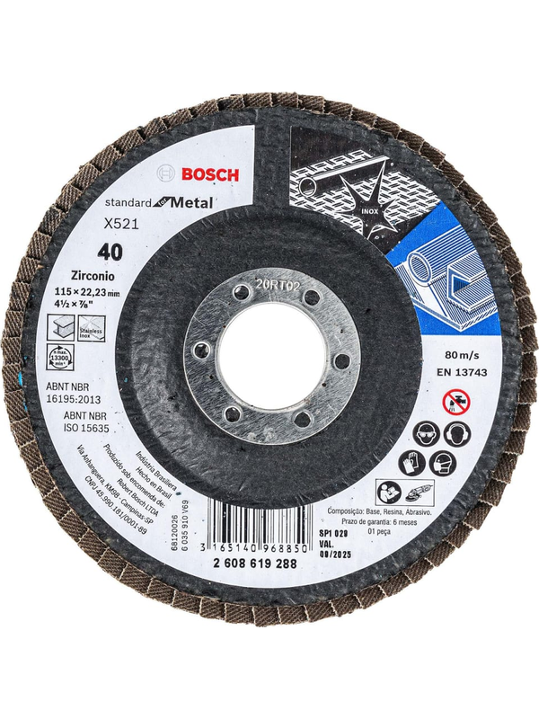 Disco Flap Bosch Metal Inox 4-1/2" 115mm Grano 40 Curvo Fibra Desbaste Profesional 2608.619.288